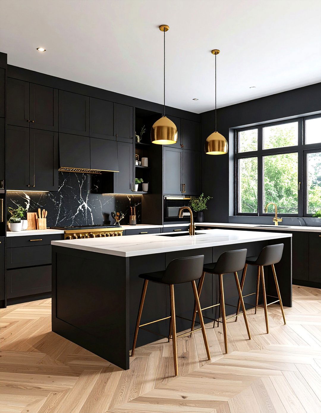 Sleek Black One Wall Kitchen with Gold Hardware Details - 24 One Wall Kitchen Ideas