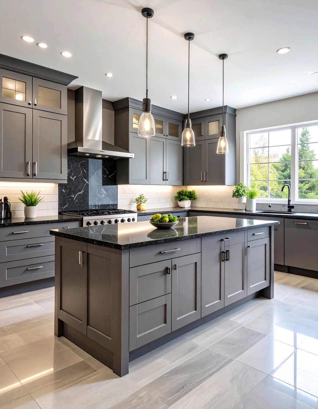 Sleek Gray Cabinets with Polished Black Granite Surfaces - 24 Black Granite Countertops Kitchen Ideas