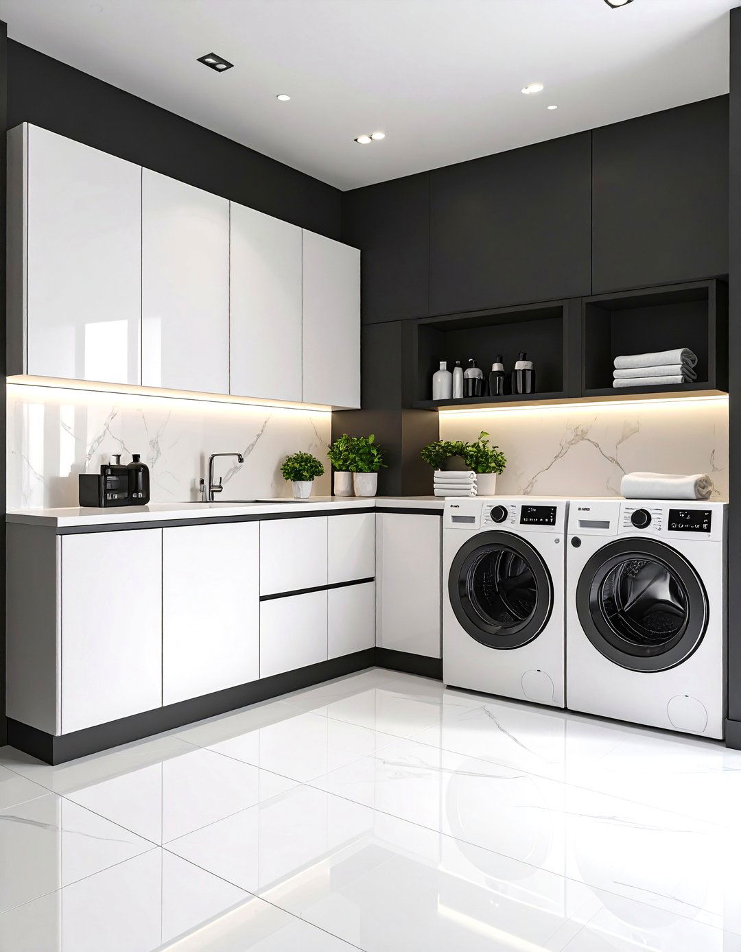Sleek Handle less Cabinet Design - 24 Black and White Laundry Room Ideas