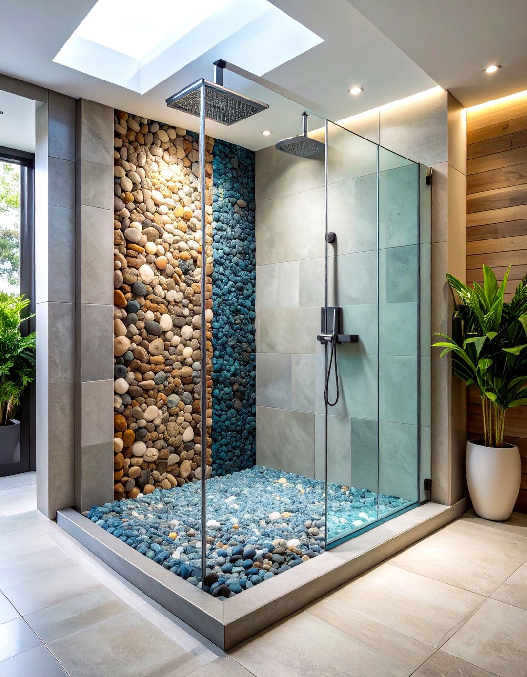 Sliced Pebble Shower Border Detail - 24 Pebble Tile Bathroom Ideas