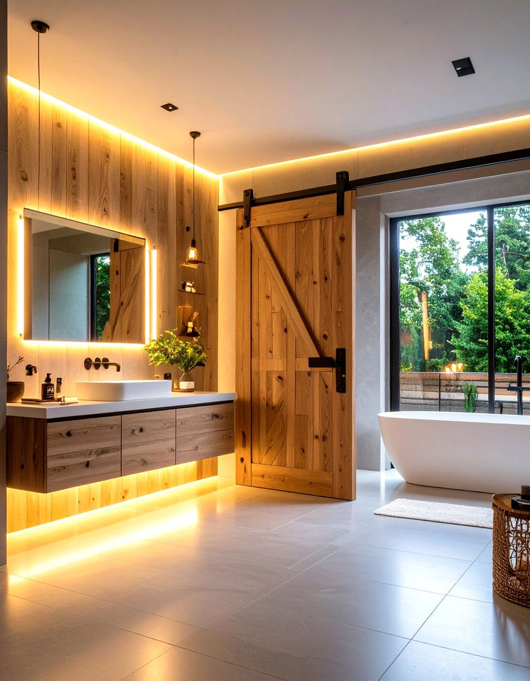 Sliding Barn Door with Integrated Lighting - 24 Bathroom Barn Door Ideas