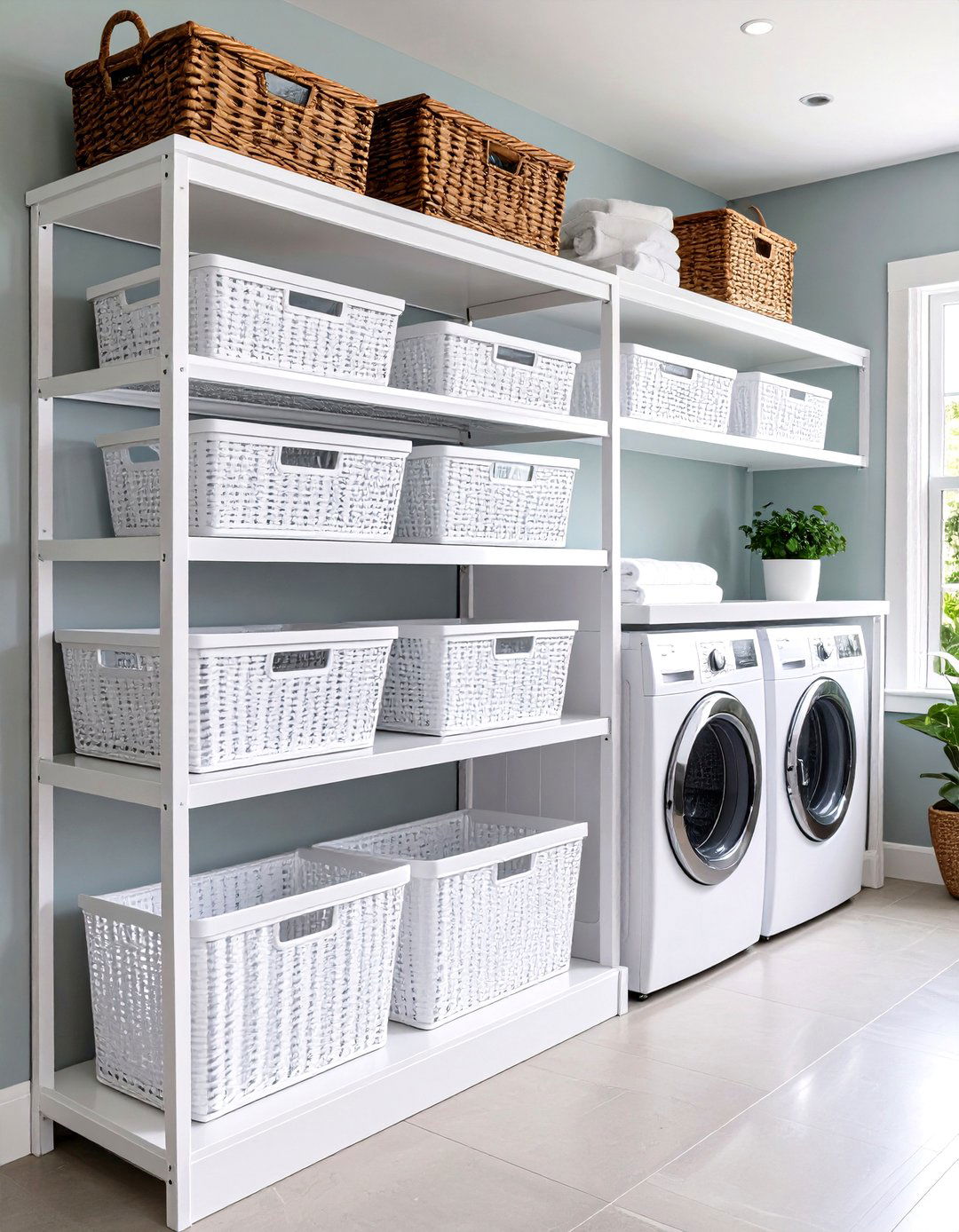 Sliding Basket Storage Shelves - 24 Laundry Room Shelving Ideas
