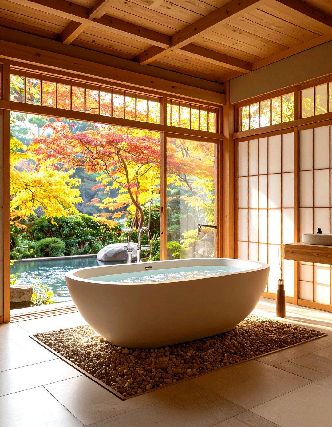 Sliding Door Bathroom with Japanese Inspired Soaking Tub - 24 Mid-century Modern Bathroom Ideas