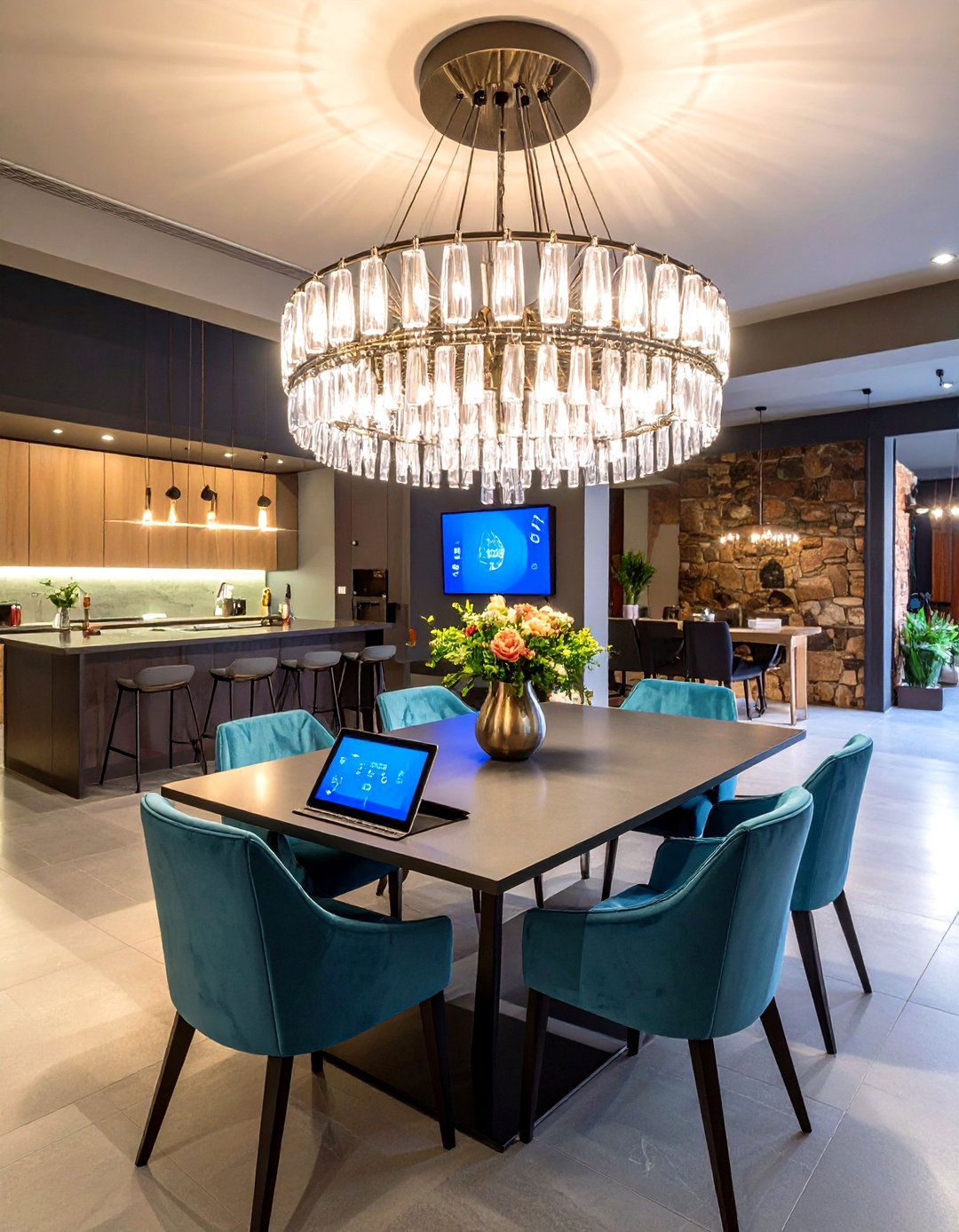 Smart Chandelier with Voice Control Features - 24 Basement Lighting Ideas