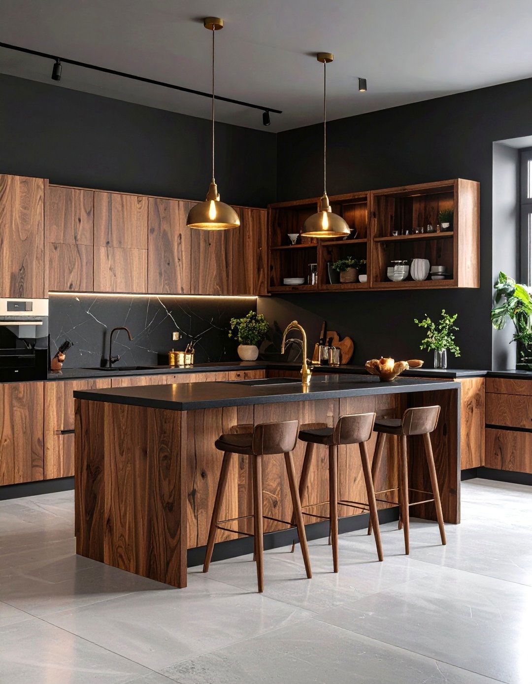 Smoky Black Walls with Natural Brown Wood Cabinets - 24 Black and Brown Kitchen Ideas