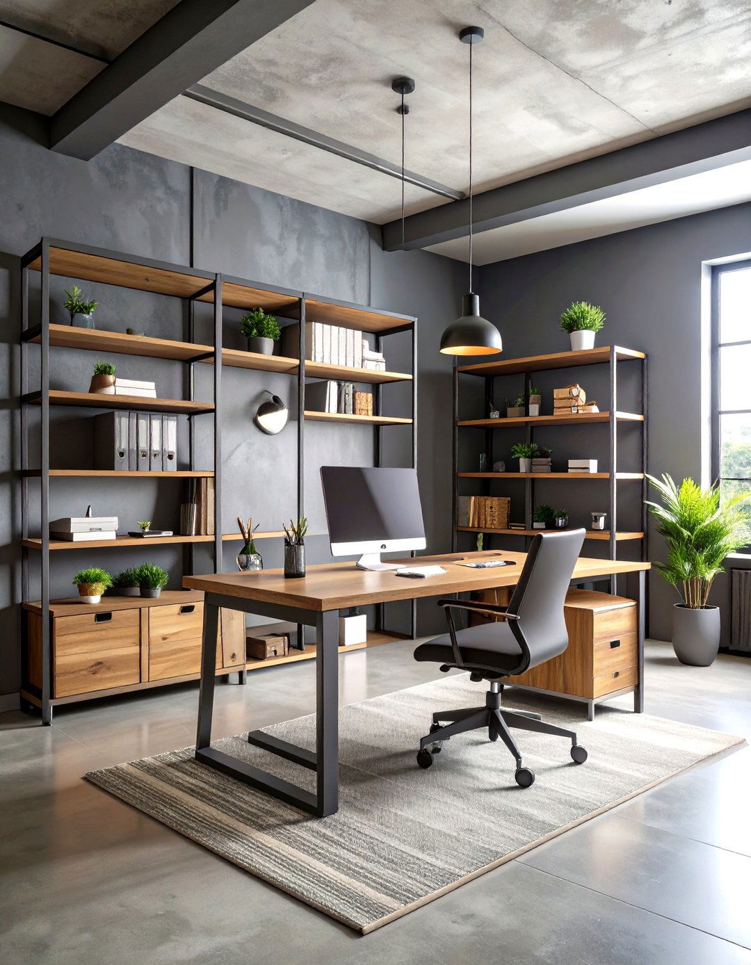 Smoky Gray Office with Industrial Storage - 24 dark home office design ideas