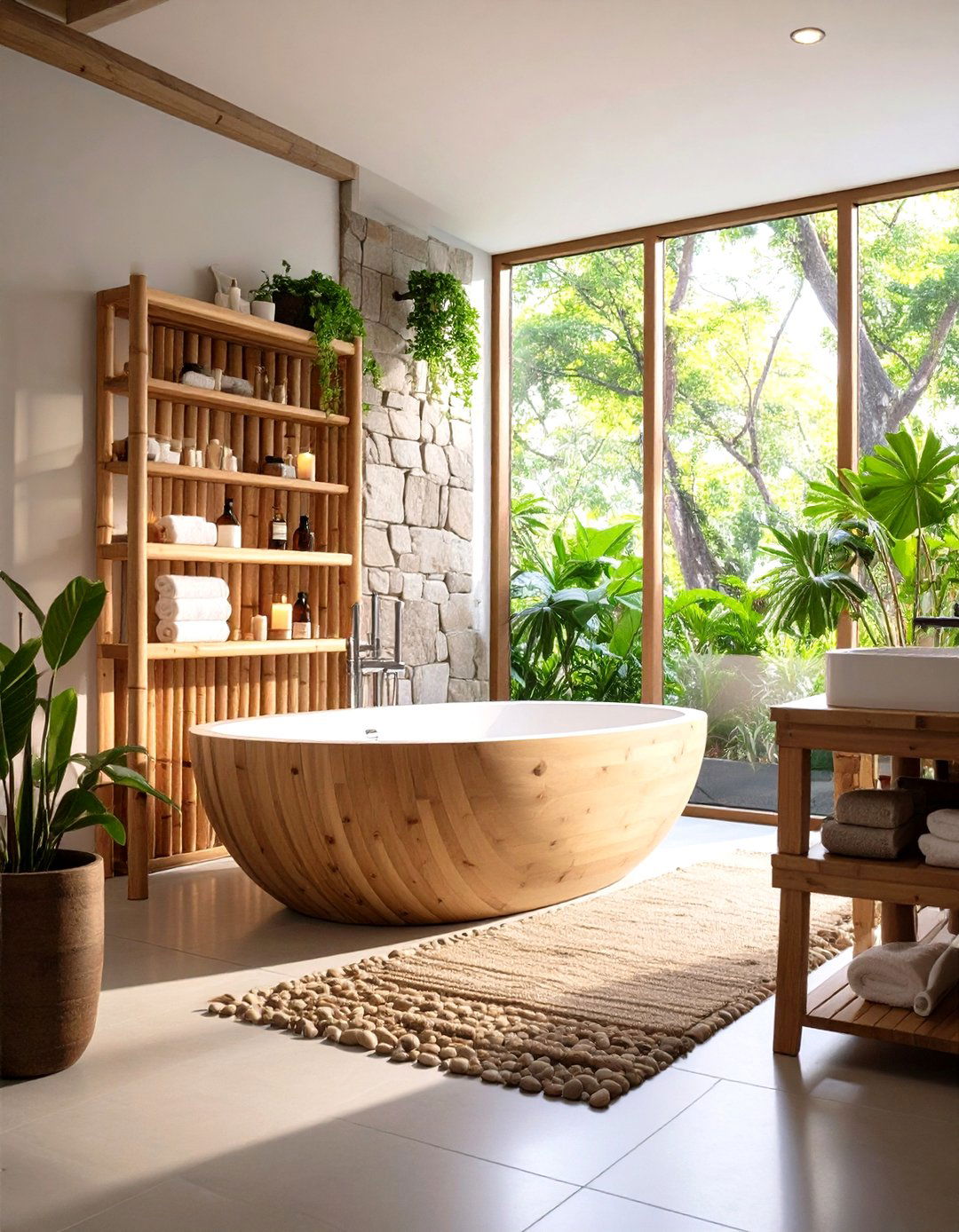 Soaking Tub Bathroom with Bamboo Privacy Screen - 24 Japandi Bathroom Ideas