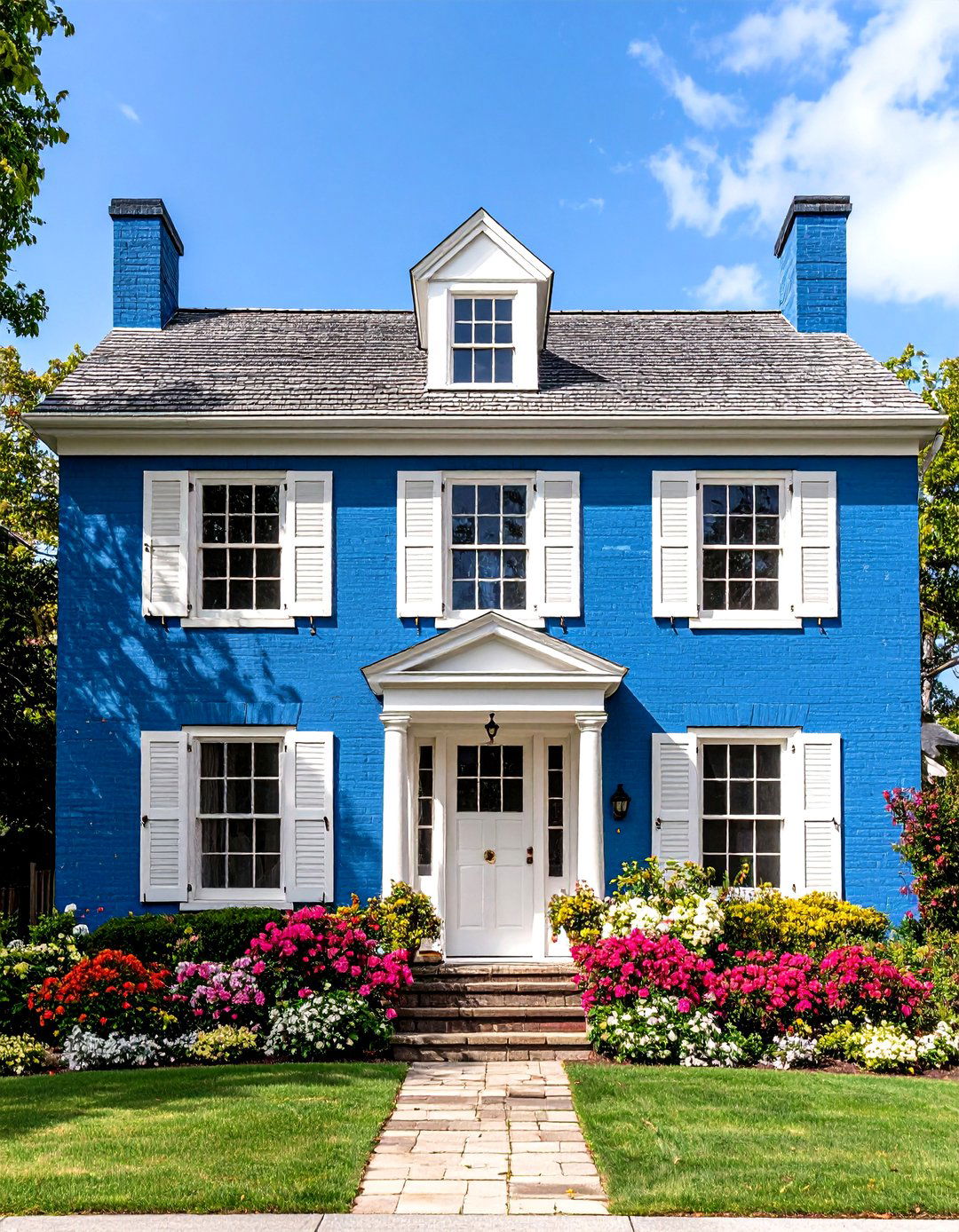 Soft Blue Coastal Colonial - 24 Painted Brick Houses
