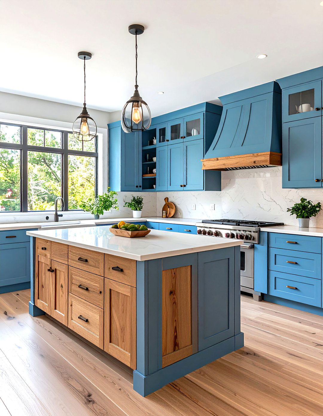 Soft Blue Upper Cabinets with Wood Lower Cabinets - 24 Light Blue Kitchen Cabinets Ideas