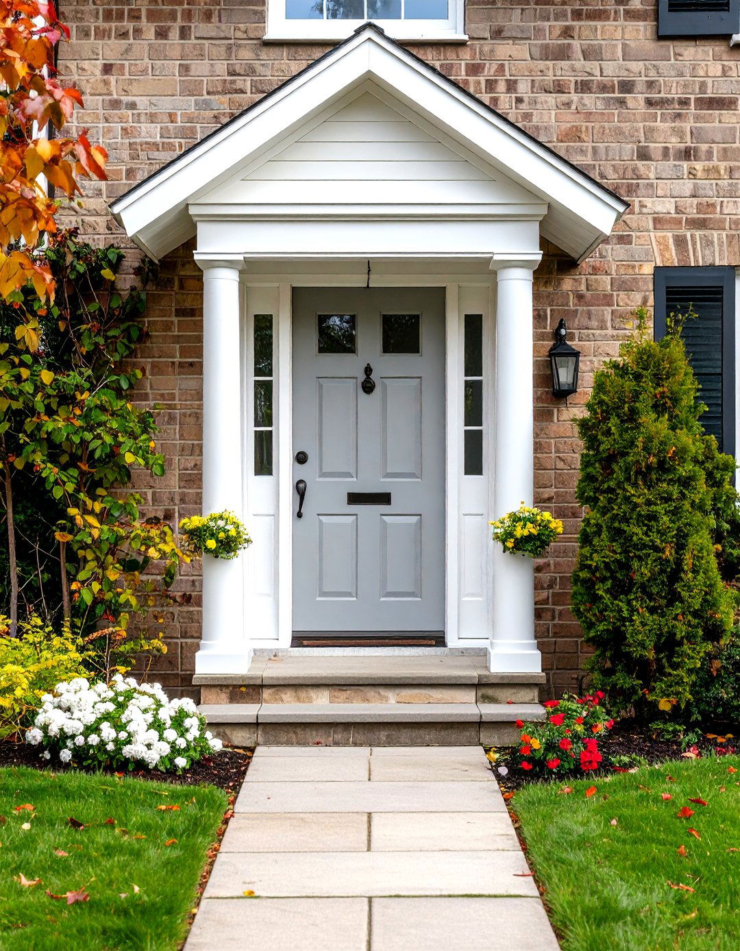 Soft Gray Front Door Blonde Brick Accent - 24 Blonde Brick House Color Schemes