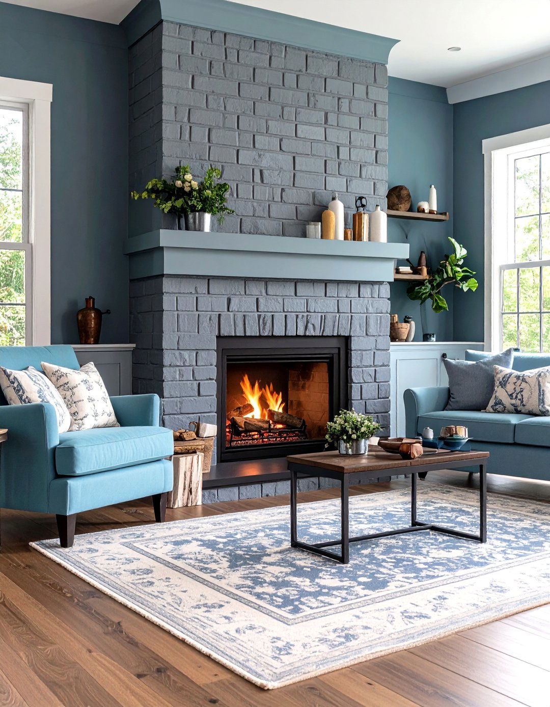 Soft Gray Painted Brick Fireplace with Modern Farmhouse - 24 Painted Brick Fireplace Ideas