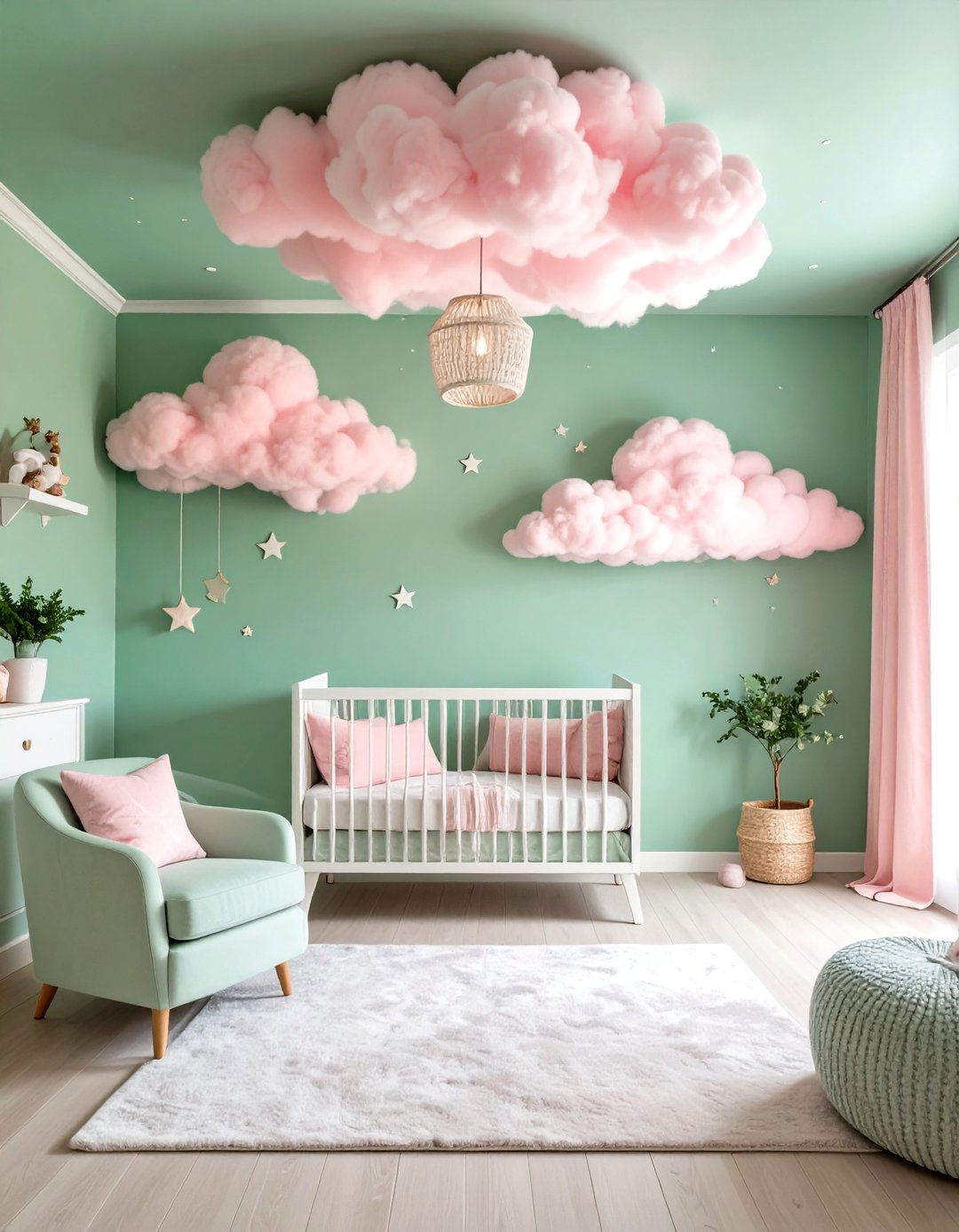 Soft Green Ceiling with Pink Cloud Mural - 24 Pink and Green Nursery Ideas