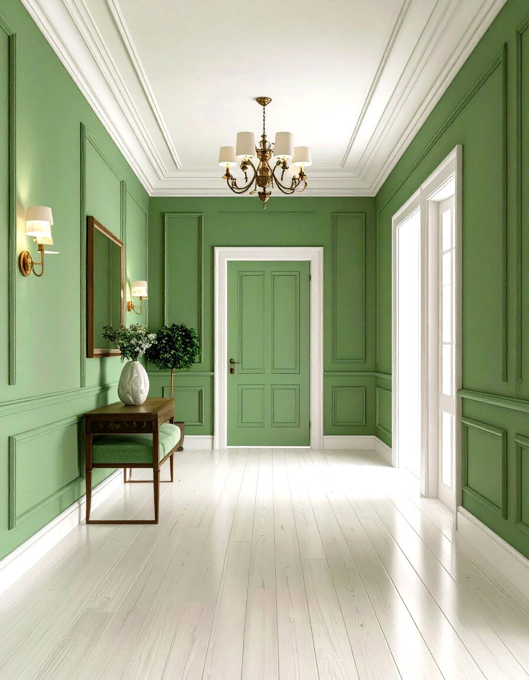 Soft Green Transitional Hallway - 24 Green Hallway Ideas