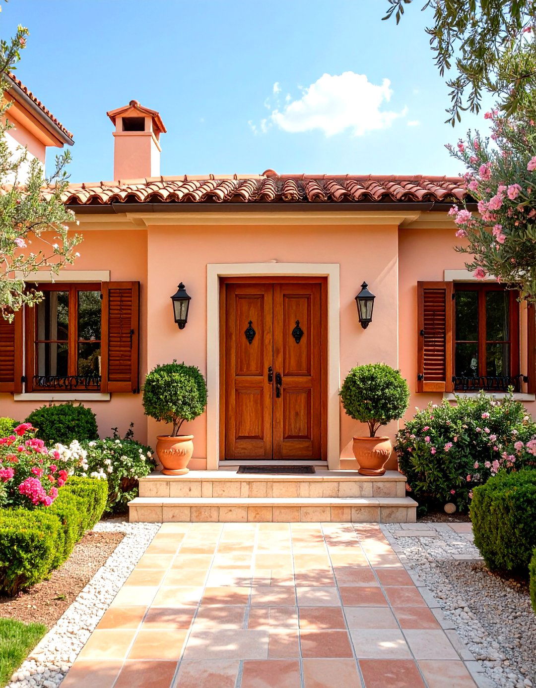 Soft Peach Exterior with Dark Wood Elements - 24 Mediterranean House Exterior Ideas