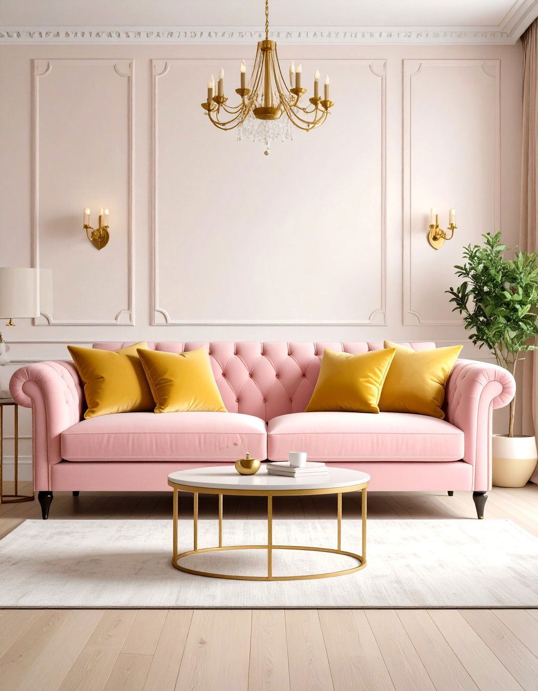 Soft Pink Couch with Mustard Yellow Pops - 24 Pink Couch Living Room Ideas