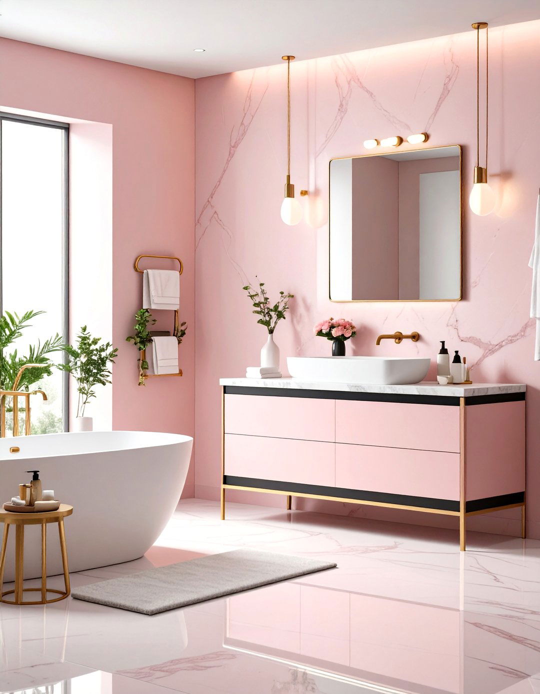 Soft Pink Marble with Black Metal Accents - 24 Pink and Black Bathroom Ideas