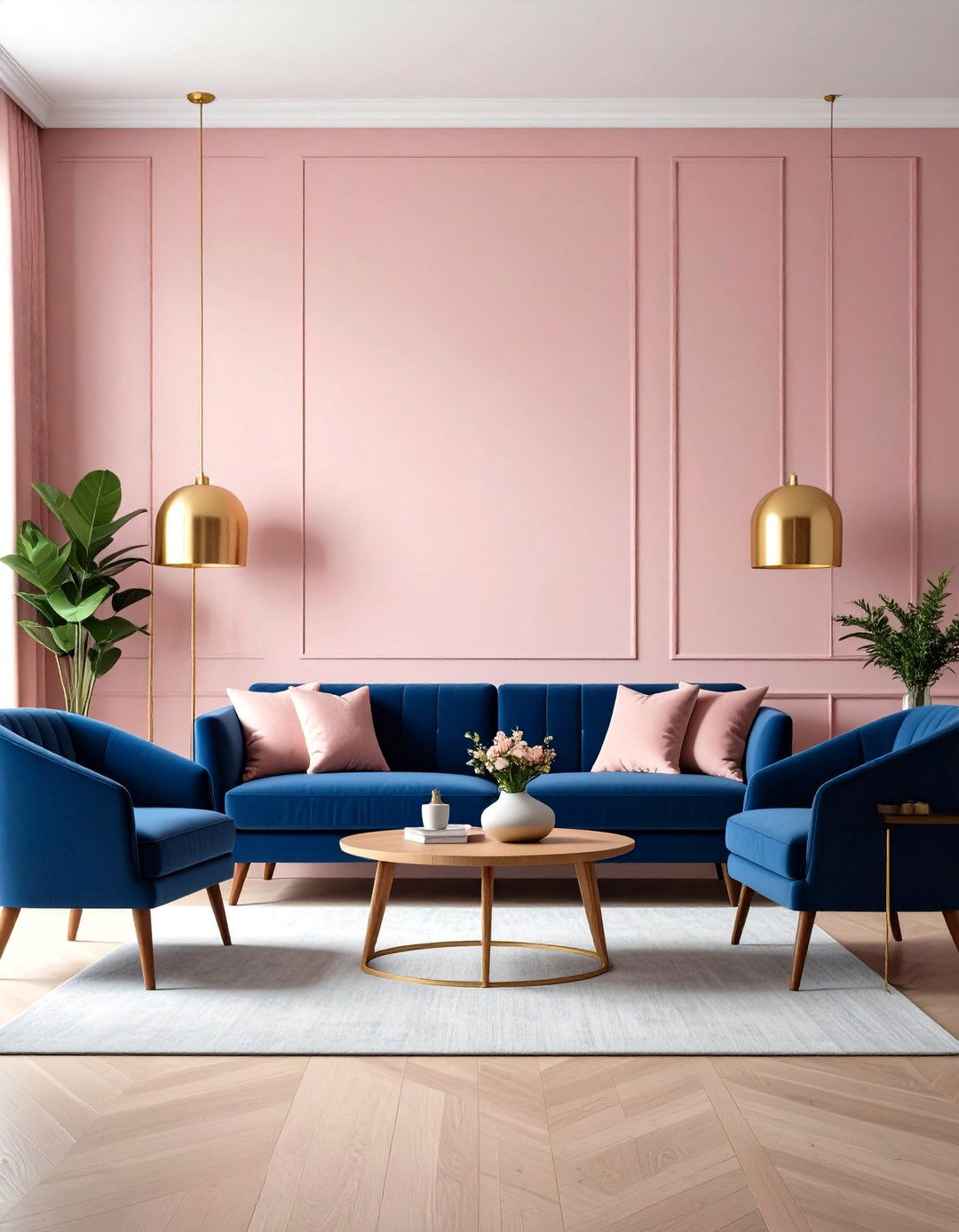 Soft Pink Ombre Walls with Navy Blue Mid Century Modern Furniture