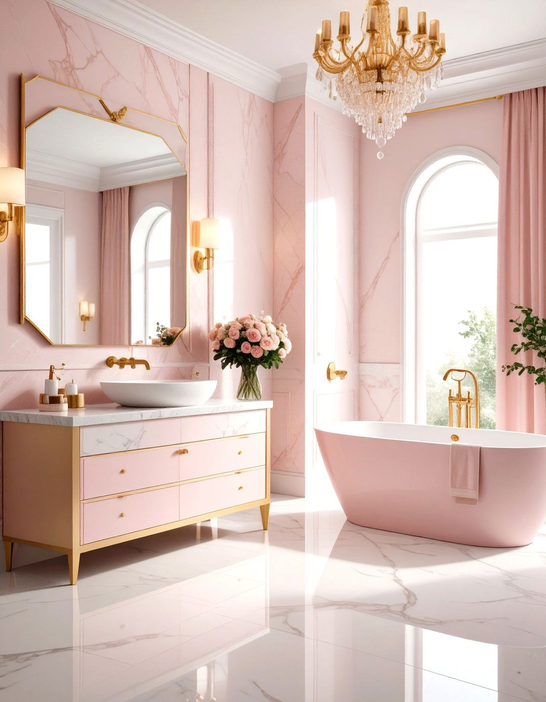 Soft Pink and Gold Romantic Bathroom - 24 Gold Bathroom Ideas