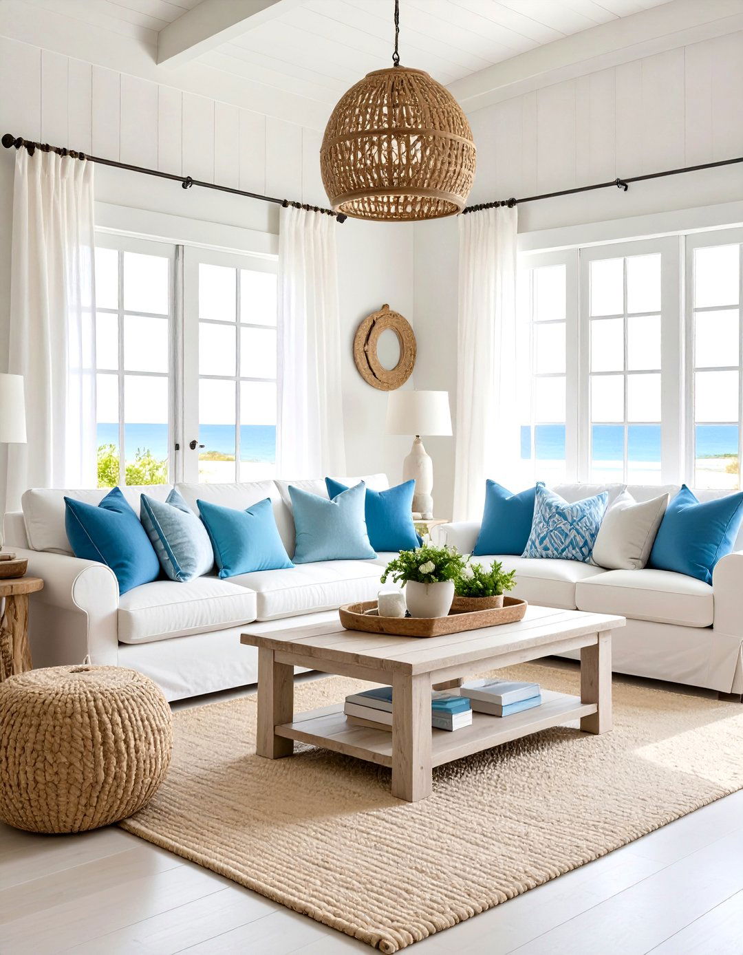 Soft White Coastal Living Room with Blue Undertones - 24 Neutral Living Room Ideas