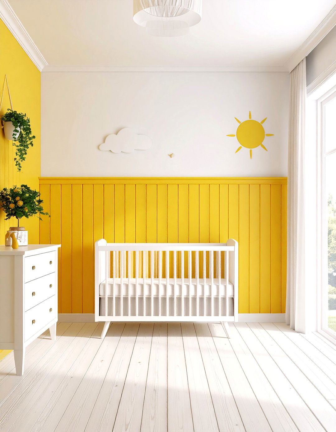 Soft Yellow Beadboard with Sunshine Theme - 24 Wainscoting Nursery Ideas