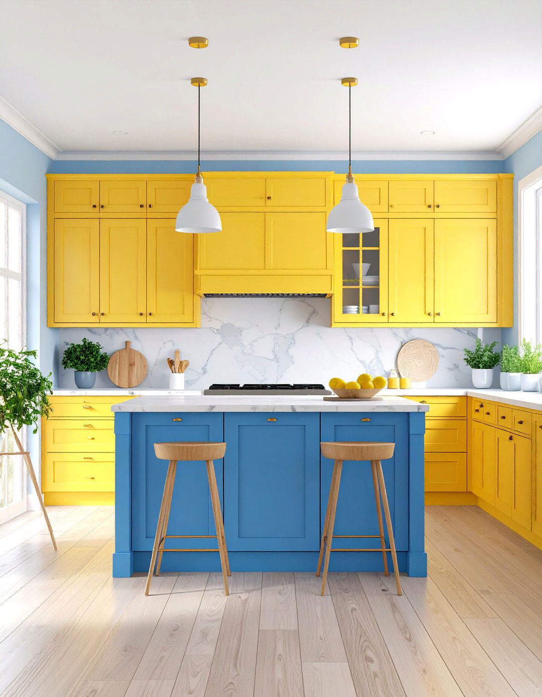 Soft Yellow Kitchen with Blue Accents