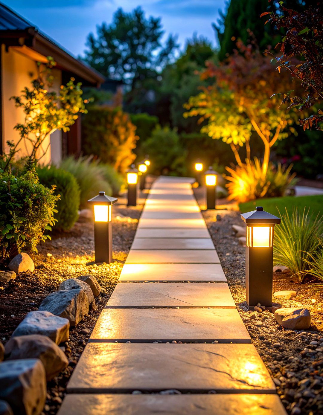 Solar Pathway Lighting with Natural Stone Borders - 24 Outdoor Lighting Ideas