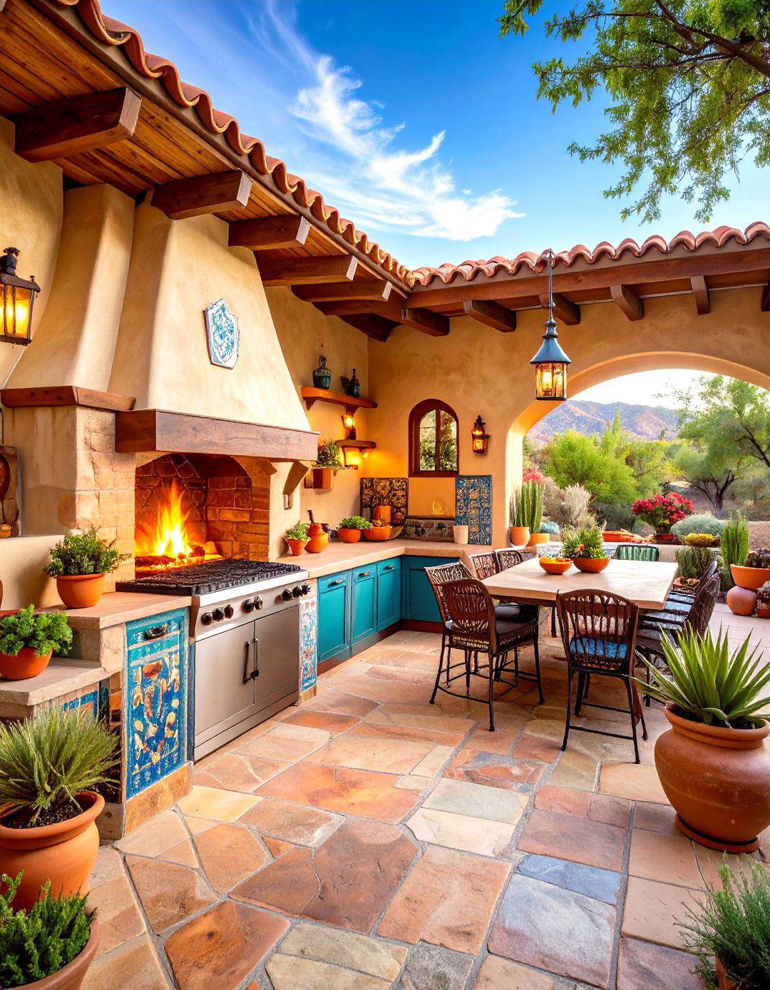 Southwest Adobe Style with Fire Features - 24 Luxury Outdoor Kitchen Ideas