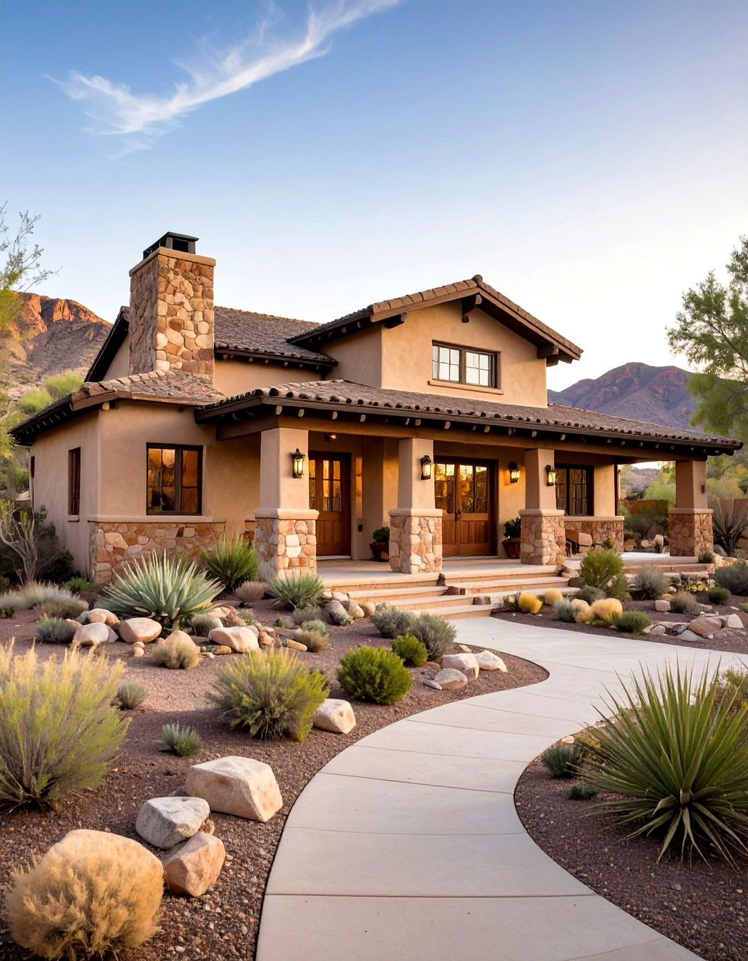 Southwestern Adobe Style Brick with Desert Stone Features - 24 Brick Houses With Stone Accents