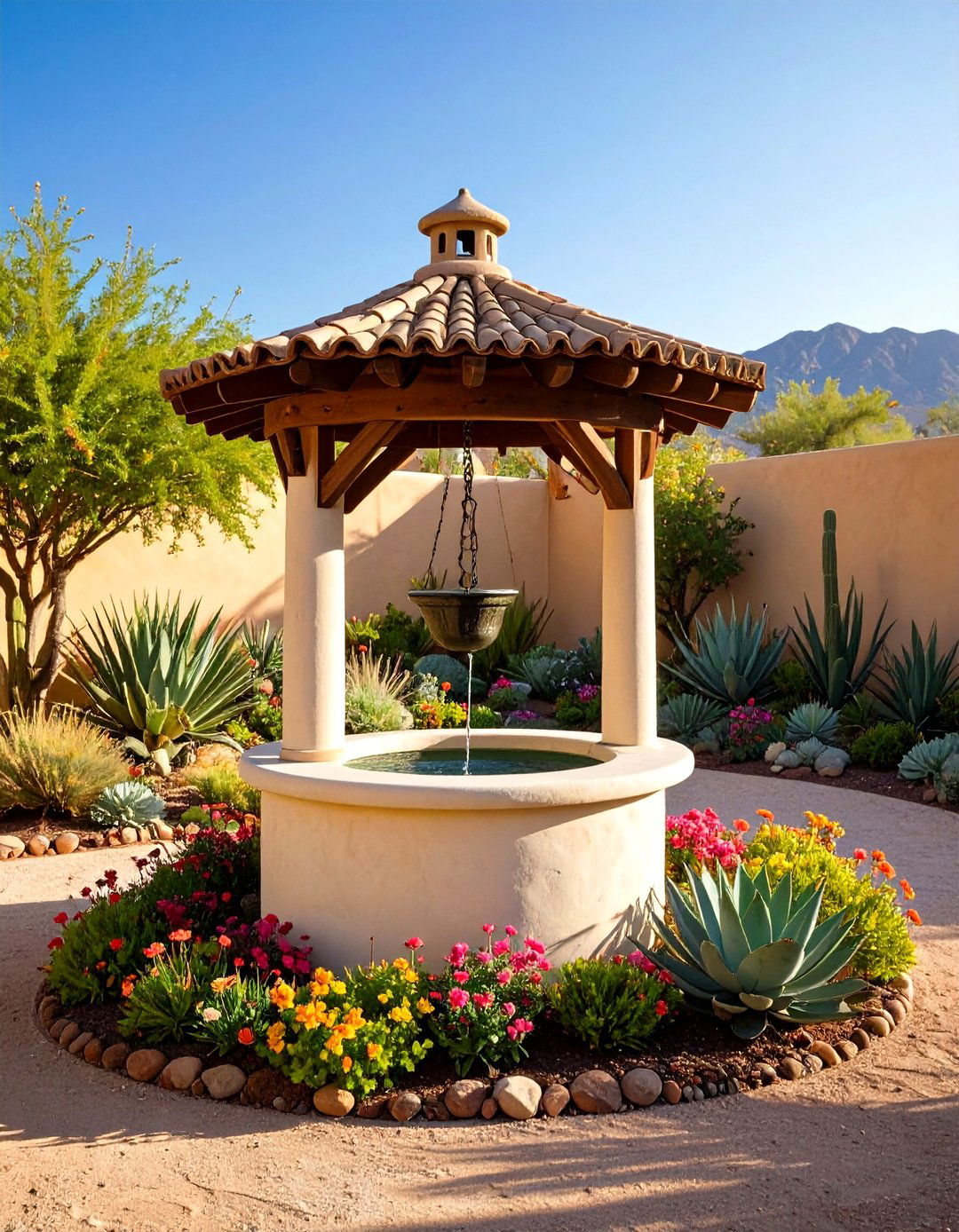 Southwestern Adobe Wishing Well with Desert Landscaping - 24 Outdoor Wishing Well Garden Ideas