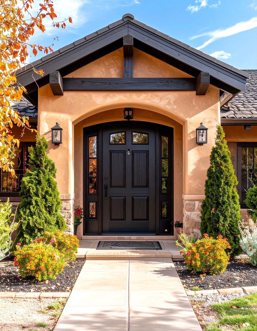 Southwestern Black Front Door with Adobe Elements - 24 Black Front Door Ideas