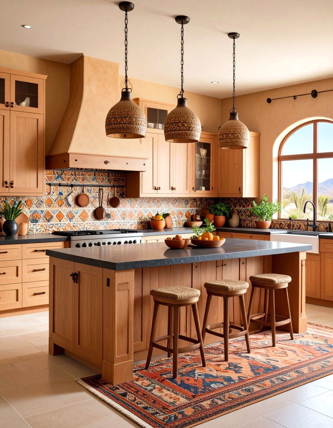 Southwestern Kitchen with Light Cabinets and Dark Granite Islands - 24 kitchen with dark countertops and light cabinets