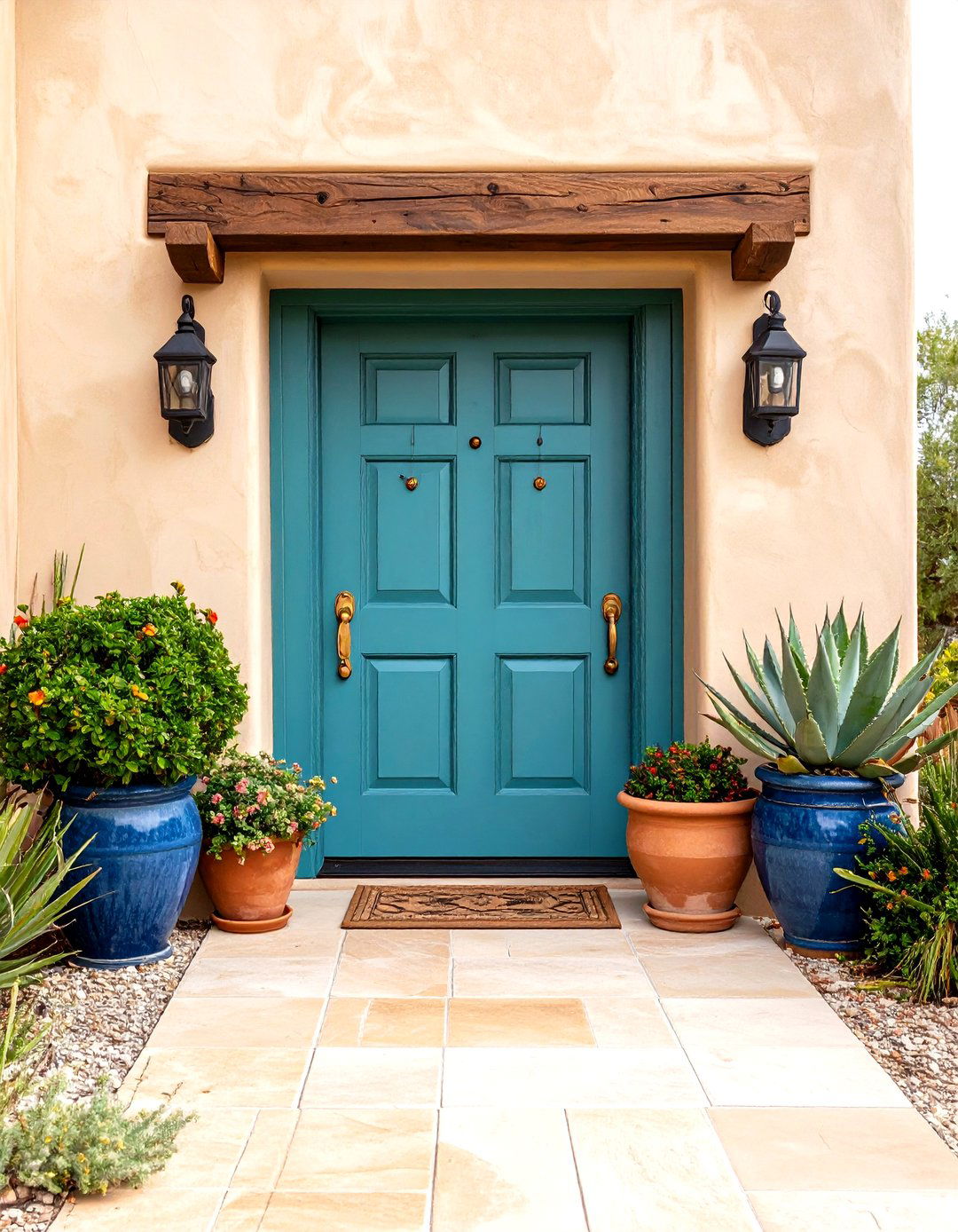 Southwestern Turquoise Door with Adobe Elements - 24 Turquoise Front Door Ideas