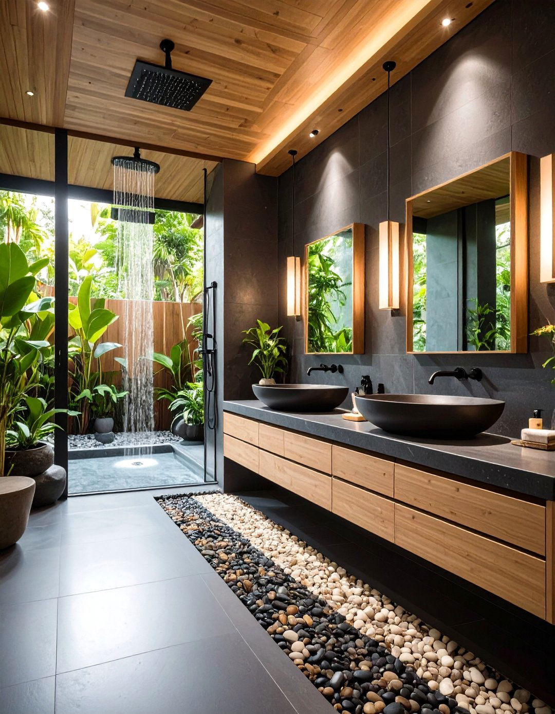 Spa Inspired Bathroom with Black Stone Elements - 24 Bathroom With Black Fixtures