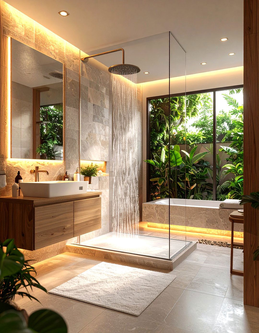 Spa Inspired Neutral Stone Shower Wellness Center - 24 Bathroom Shower Ideas