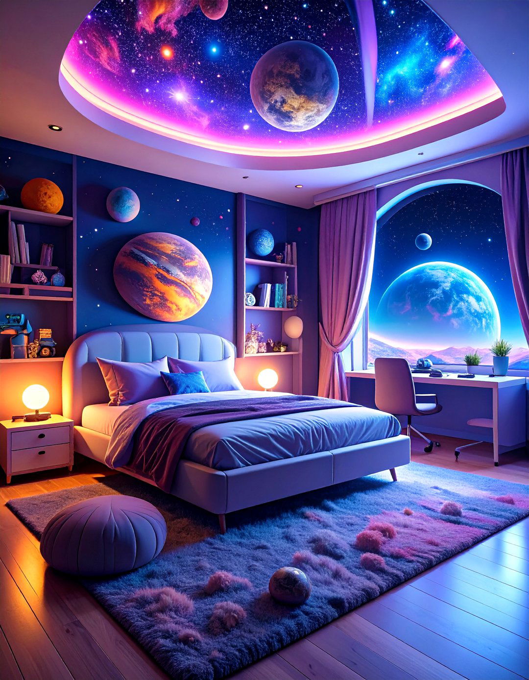 Space Themed Gaming Bedroom with Cosmic Elements - 24 Gaming Bedroom Ideas