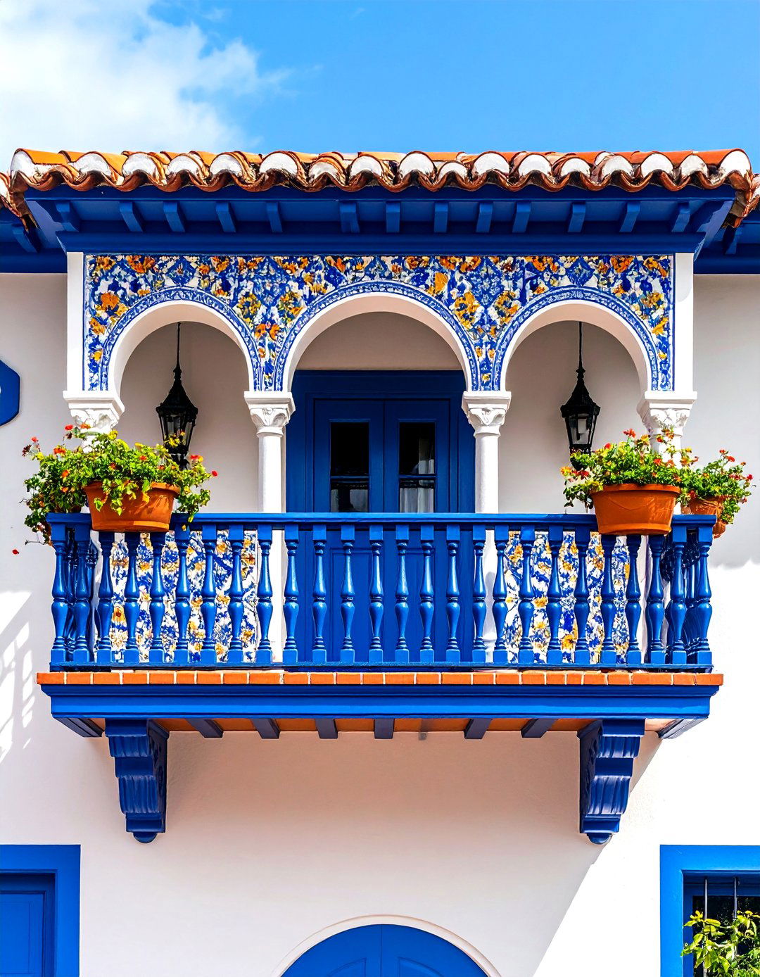 Spanish Colonial Balcony with Tile Work and Arched Details - 24 Balcony Over Garage Ideas