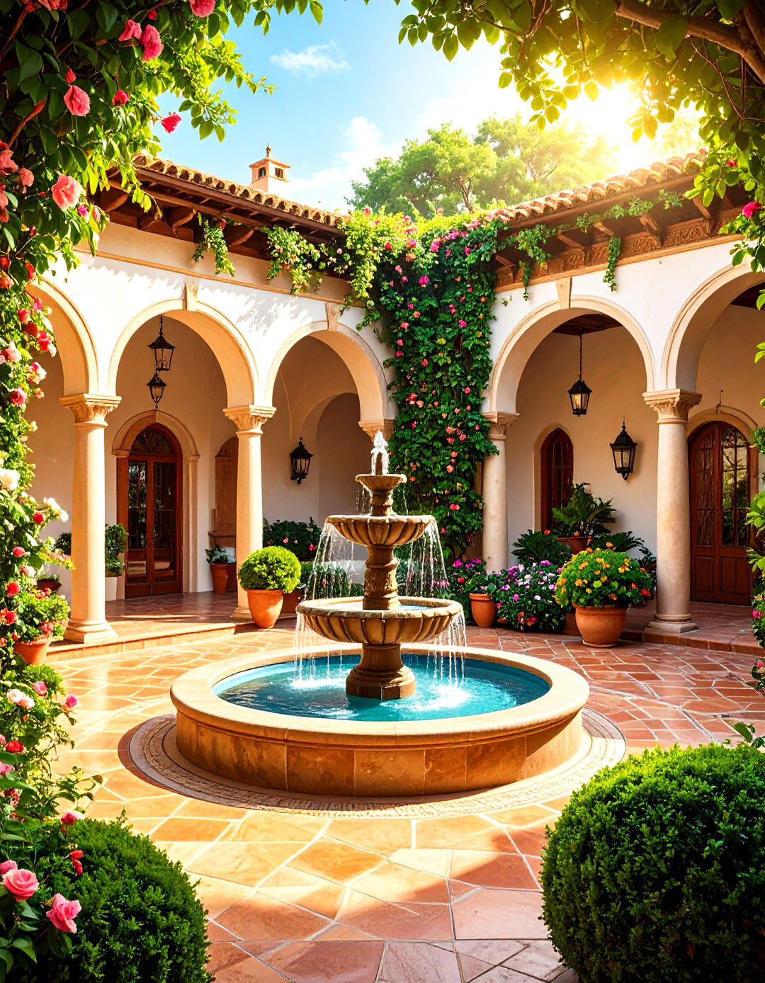 Spanish Colonial Courtyard with Arcade - 24 Spanish Courtyard Ideas