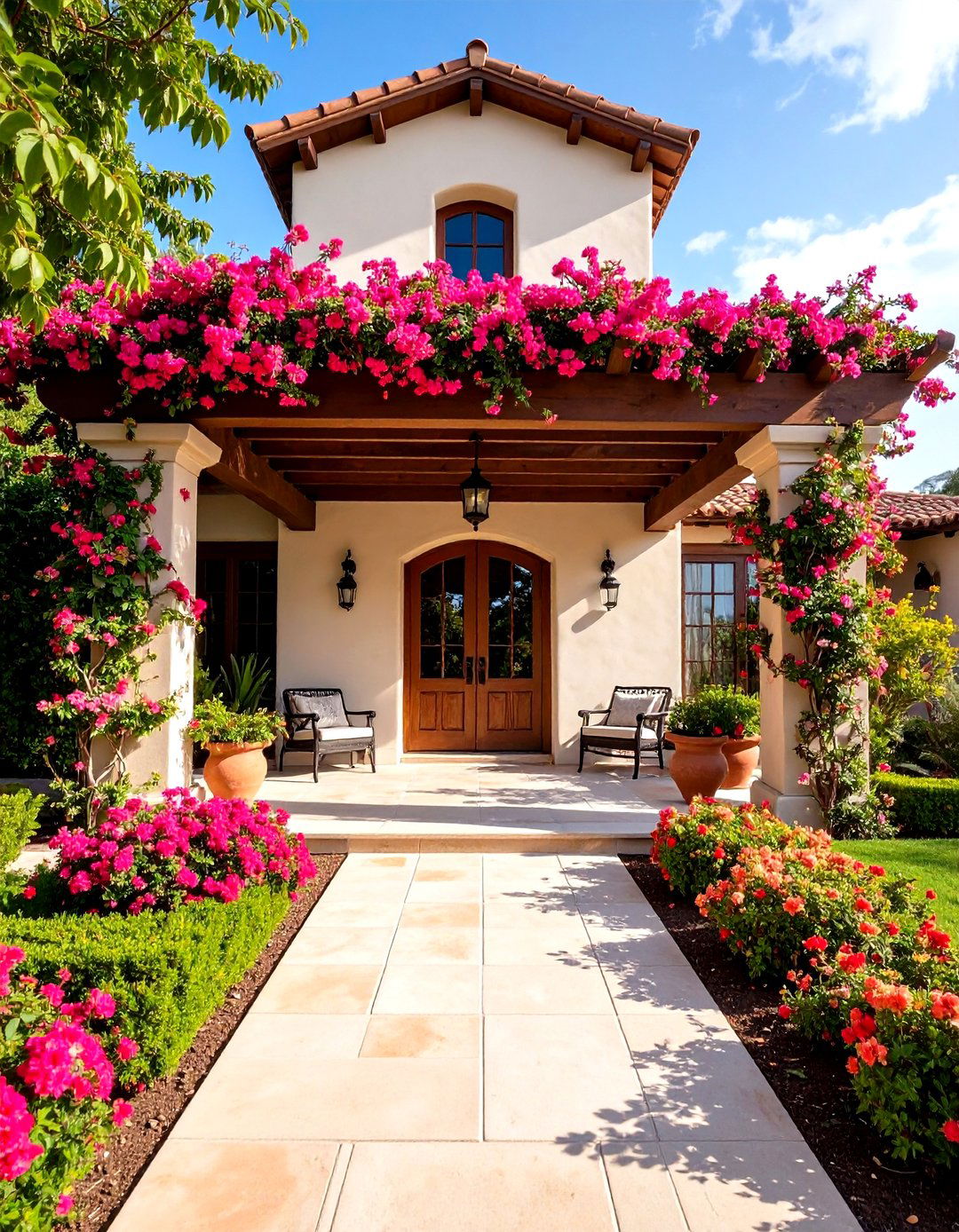 Spanish Colonial Pergola Entrance - 24 front yard spanish style landscaping ideas
