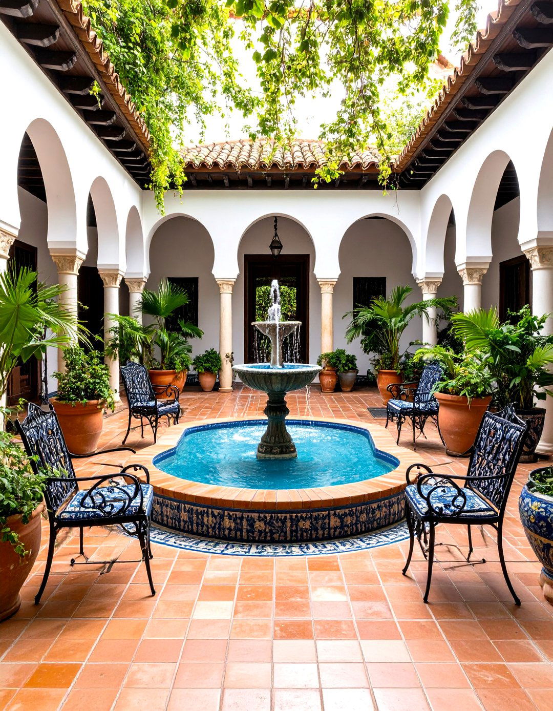 Spanish Outdoor Patio with Fountain Feature - 24 spanish interior design ideas