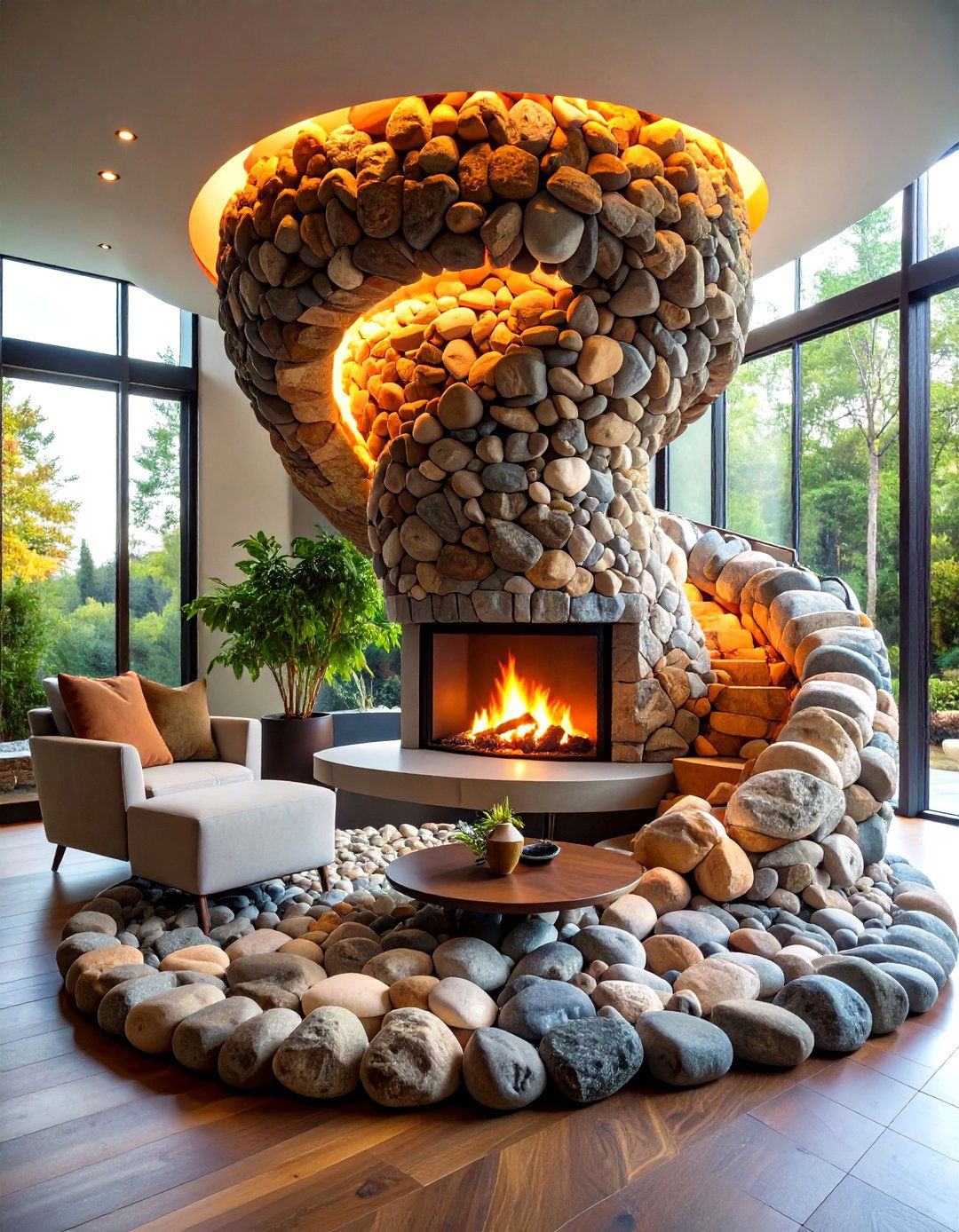 Spiral River Rock Artistic Installation - 24 River Rock Fireplace Ideas