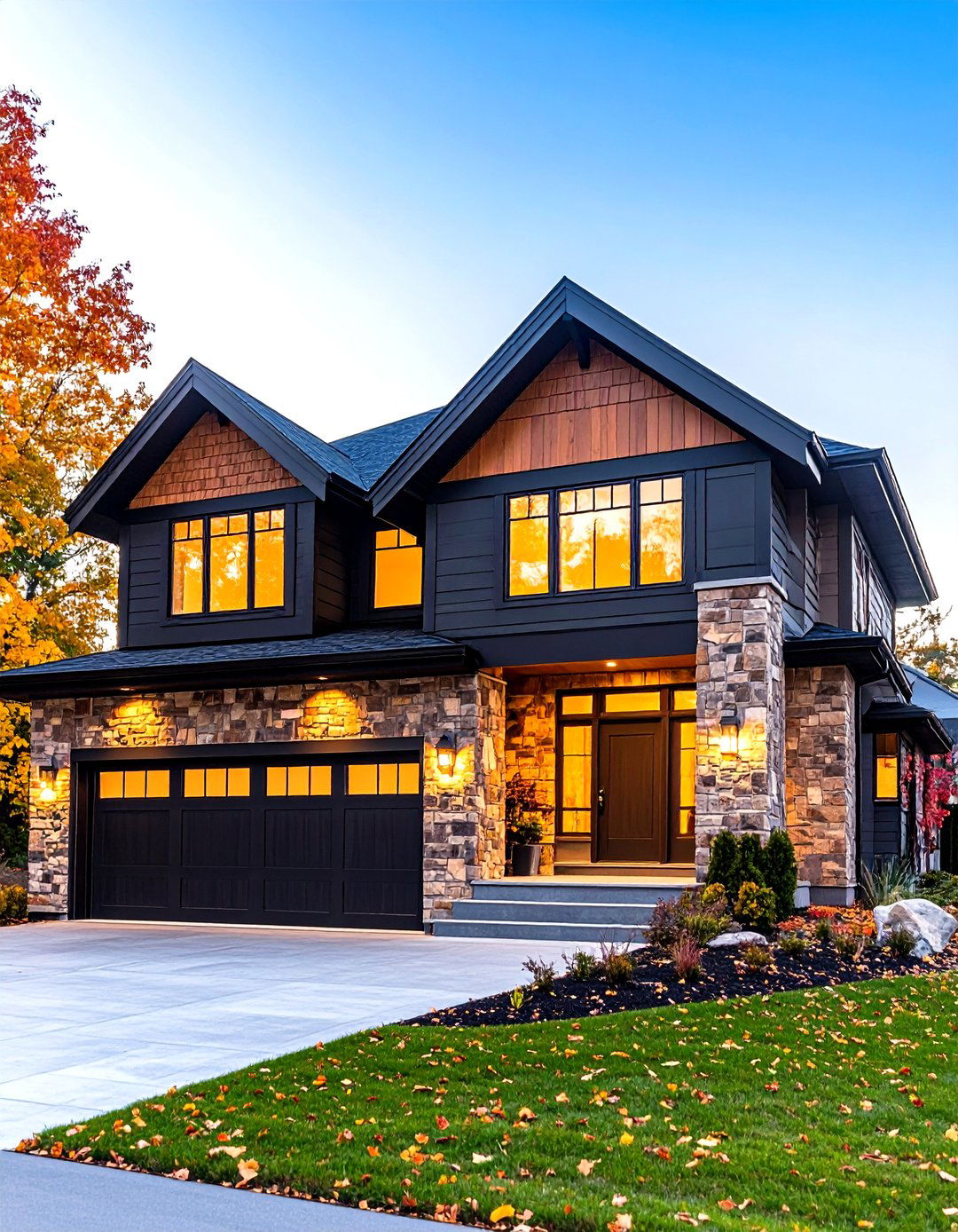 Split Level Brown Stone Veneer - 24 Dark Brown House With Black Trim