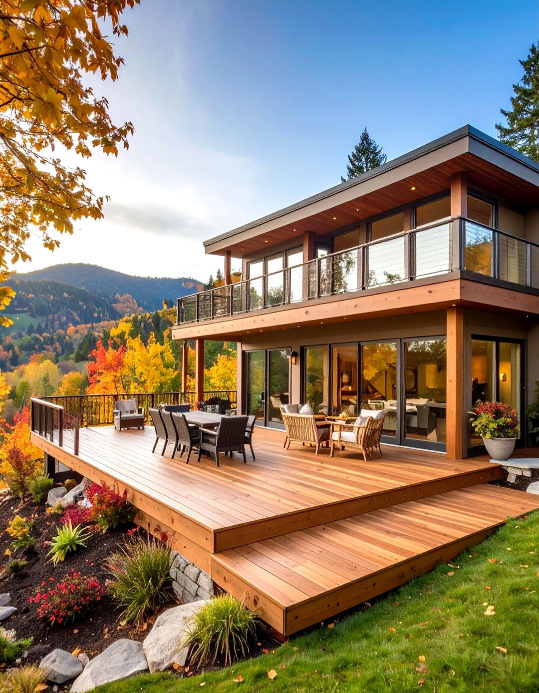 Split Level Sunroom with Terraced Deck Levels - 24 Sunroom and Deck Combo Ideas