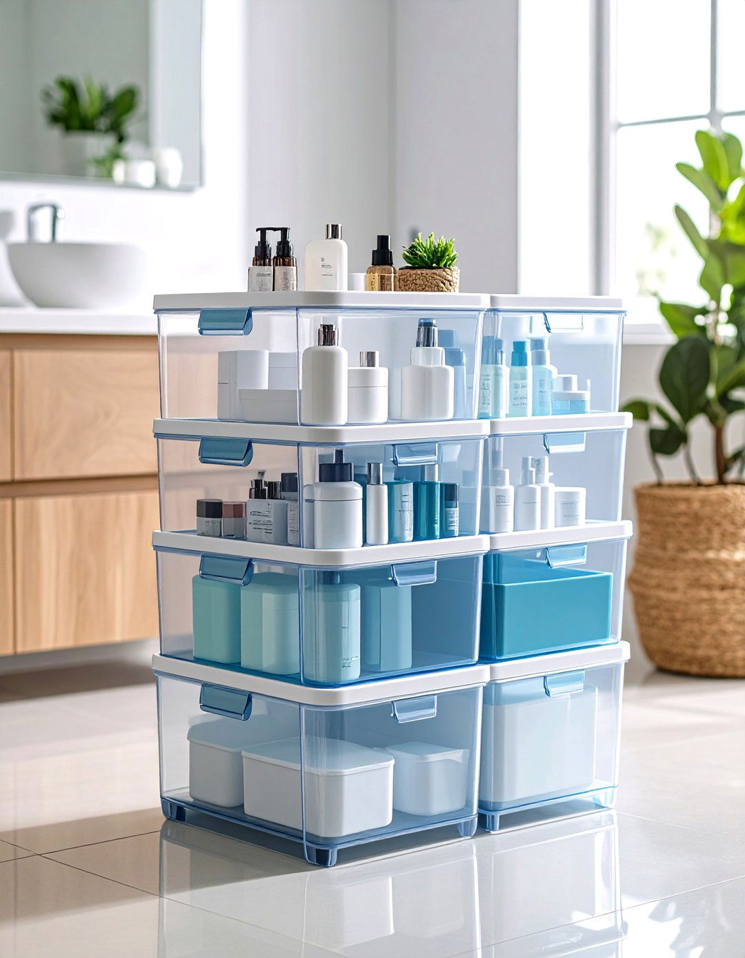 Stackable Storage Bins with Clear Construction - 24 Bathroom Organization Ideas