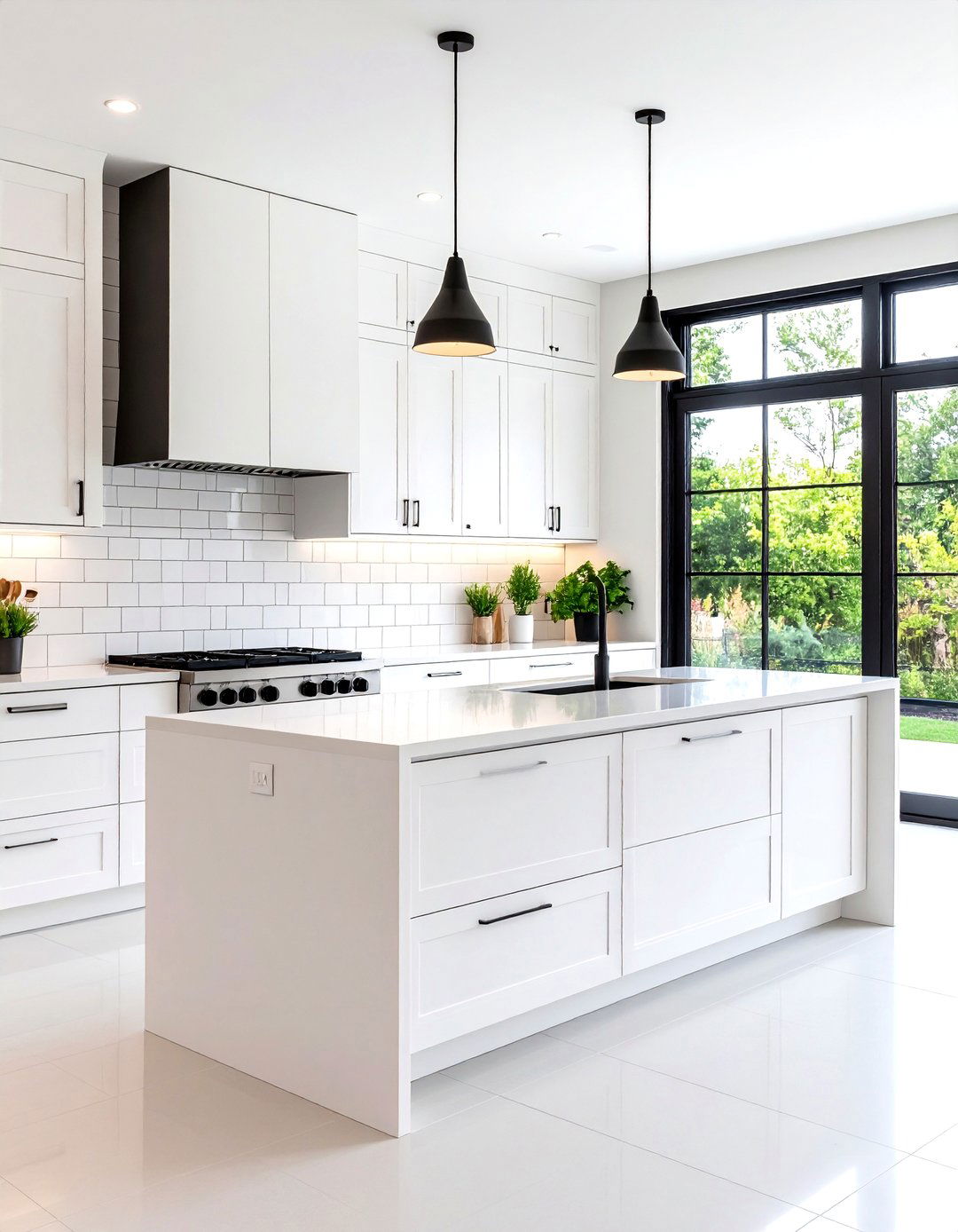 Stacked Bond White Tiles with Black Window Frames - 24 Black and White Kitchen Backsplash Ideas