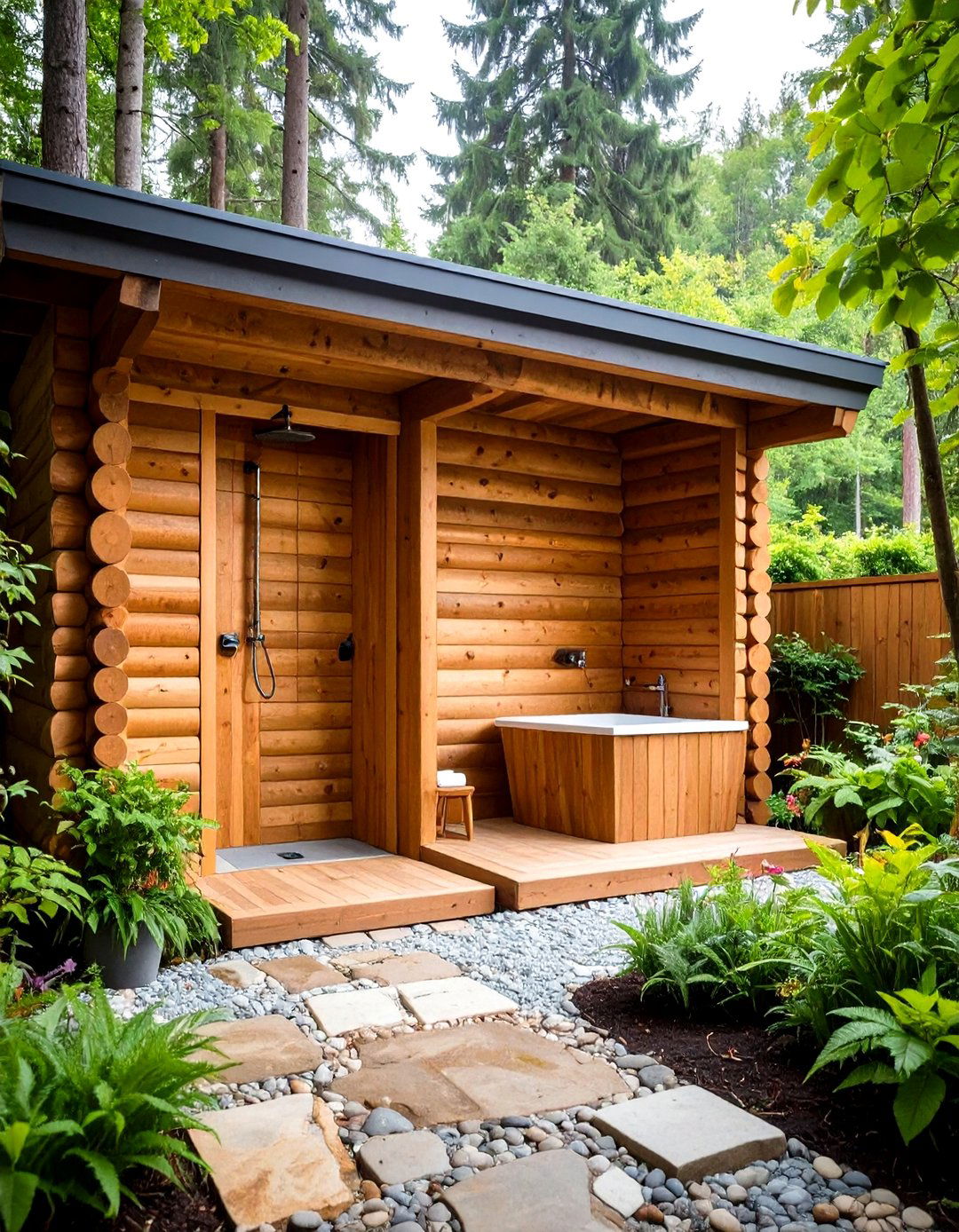 Stacked Cordwood Shower Wall - 24 Rustic Outdoor Bathroom Ideas