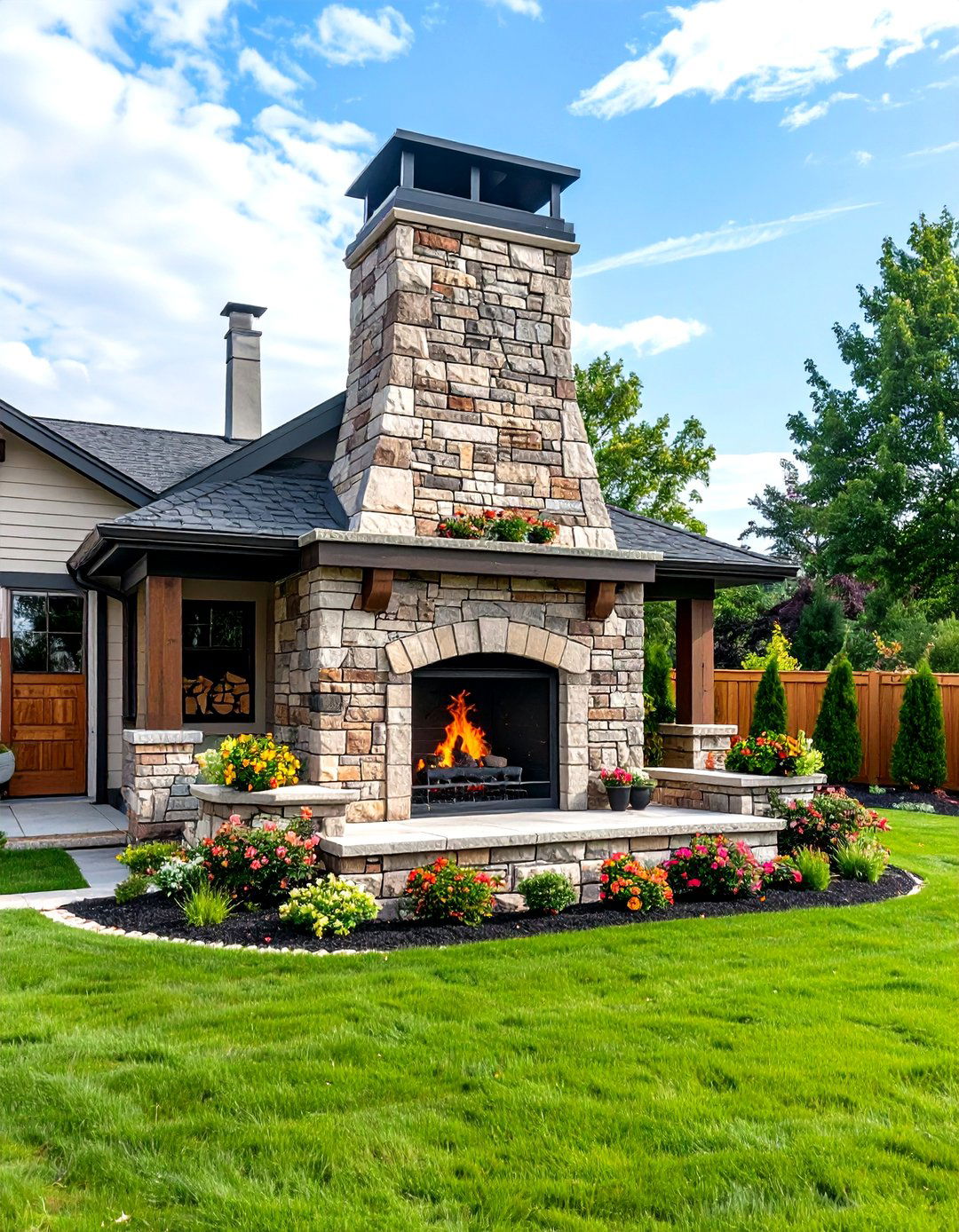 Stacked Stone Chimney Design with Integrated Wood Storage - 24 Rustic Outdoor Fireplace Ideas