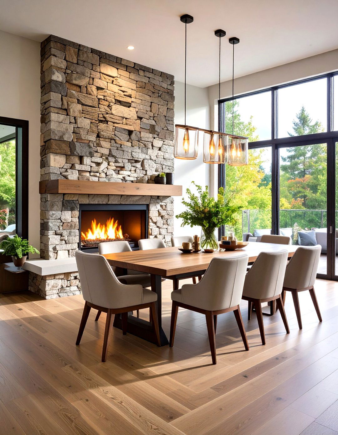 Stacked Stone Contemporary Design - 24 Dining Room With Fireplace Ideas