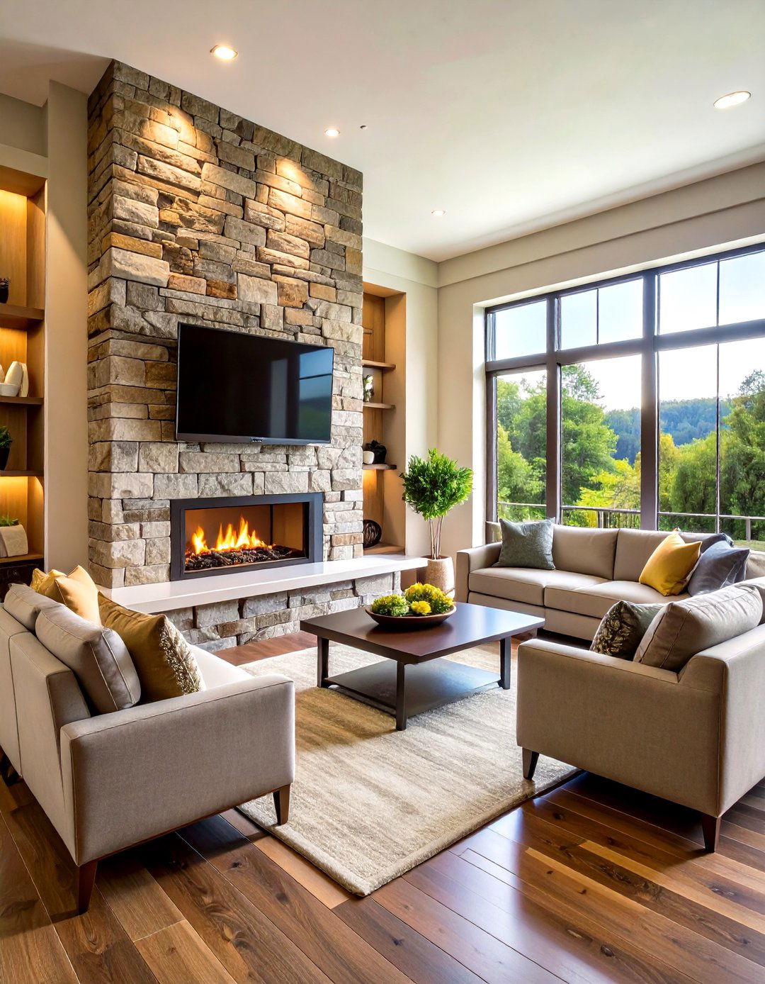 Stacked Stone Fireplace with Hidden Television - 24 Stacked Stone Fireplace Ideas