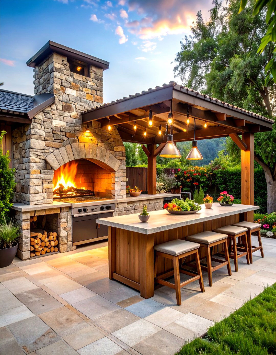 Stacked Stone Pizza Oven Centerpiece - 24 Rustic Outdoor Kitchen Ideas