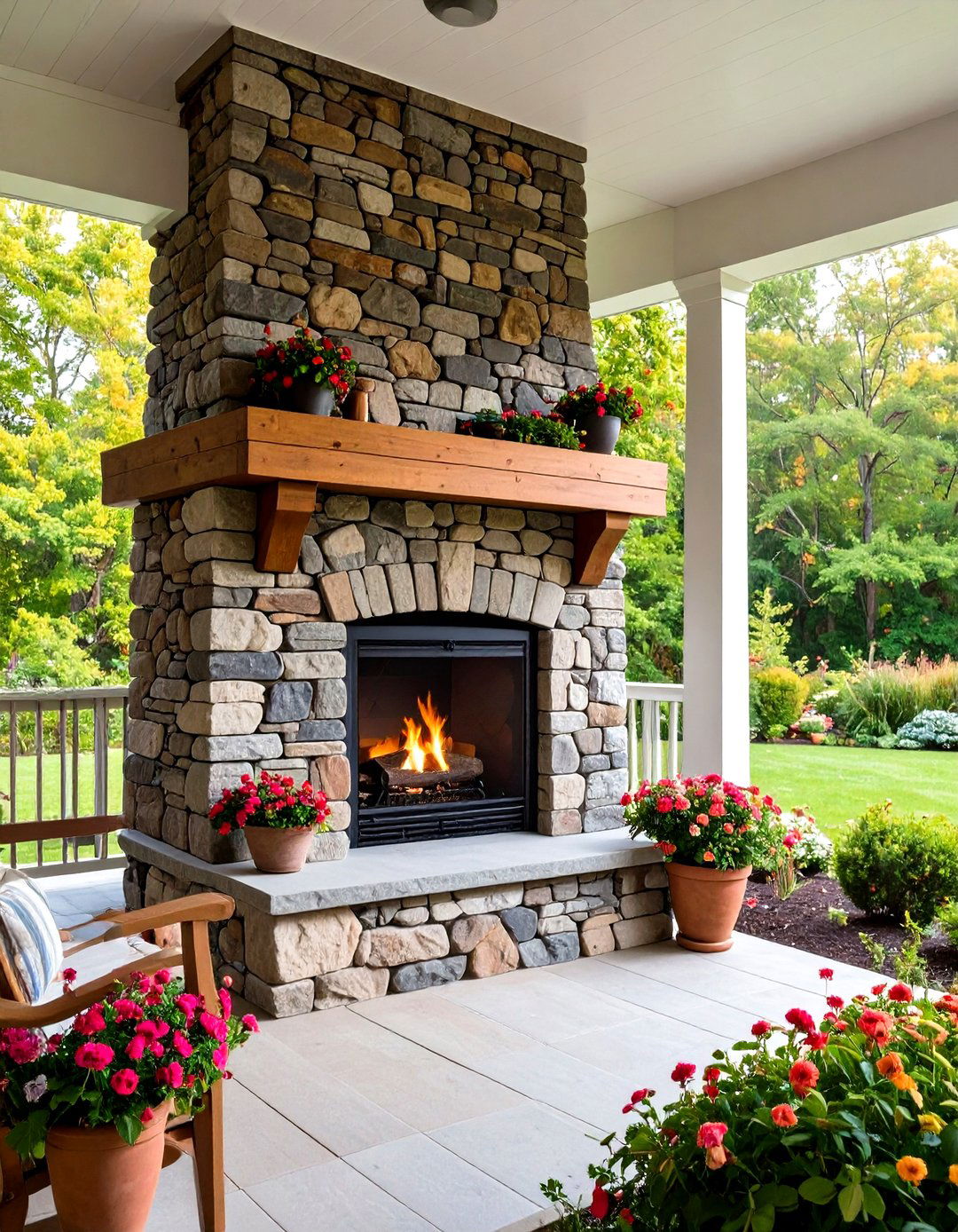 Stacked Stone Traditional Fireplace - 24 Porch Fireplace Ideas